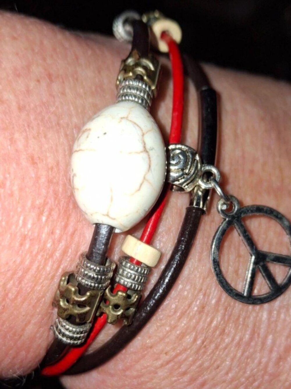 peace sign adjustable beaded multi-strand leather wrap bracelet
